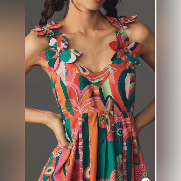 Farm Rio x Anthropologie Pleated Palm Midi Dress Floral S Petite NWT - Picture 2 of 12